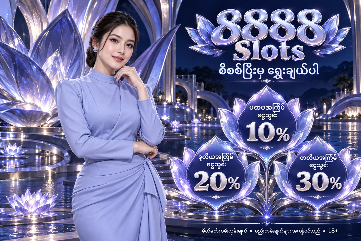 8888 Slots — မိတ်ဖက် ငွေသွင်းကမ်းလှမ်းချက် 10%, 20%, 30%; စည်းကမ်းချက်များ အကျုံးဝင်သည်; 18+