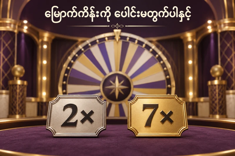 လှည့်ဘီးနောက်ခံရှေ့တွင် ငွေရောင် 2× နှင့် ရွှေရောင် 7× ကွက်နှစ်ခုပါသော သရုပ်ဖော်ပုံ