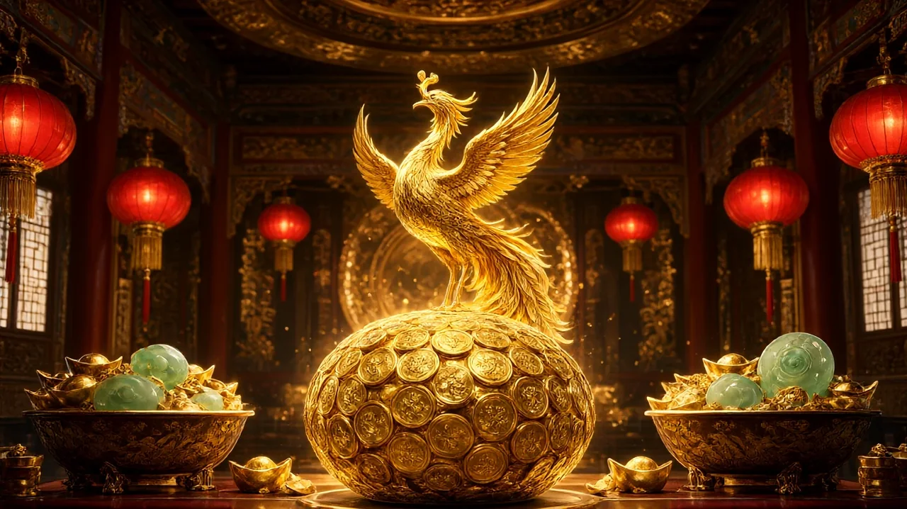 ညအချိန် ရွှေရောင် တရုတ်နန်းတော် ခန်းမ၊ ရွှေဖီးနစ် ရုပ်တု၊ ရွှေတုံးနှင့် ကျောက်စိမ်း ပြည့်နေသော ဘဏ္ဍာ ခွက်များ၊ အနီရောင် ပိုးမီးအိမ်များ