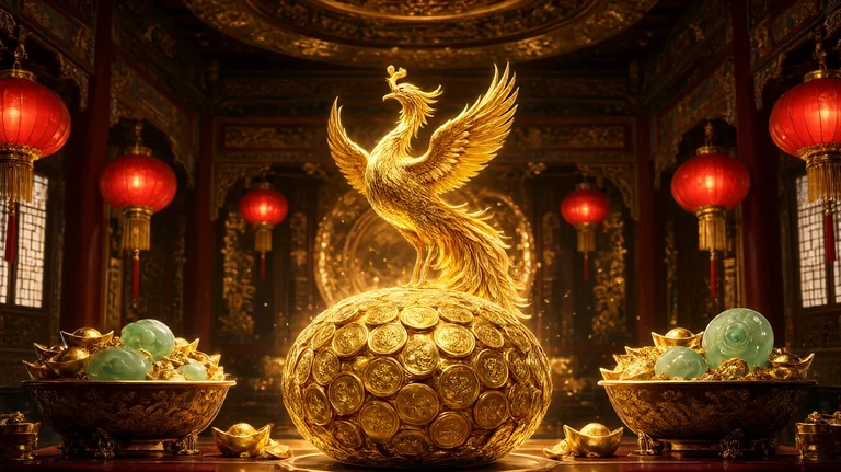 ညအချိန် ရွှေရောင် တရုတ်နန်းတော် ခန်းမ၊ ရွှေဖီးနစ် ရုပ်တု၊ ရွှေတုံးနှင့် ကျောက်စိမ်း ပြည့်နေသော ဘဏ္ဍာ ခွက်များ၊ အနီရောင် ပိုးမီးအိမ်များ